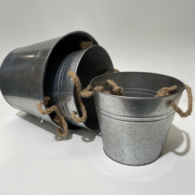 BUCKET, Set of 3 Galvanised Metal w Rope Handle